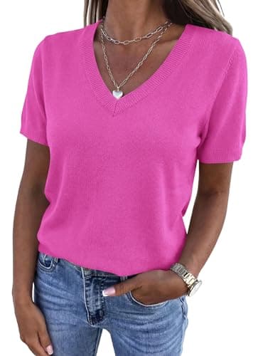 PRETTYGARDEN Womens Short Sleeve Sweaters V Neck Business Casual Tops Lightweight Sweater Shirts 2026 Summer Spring Outfits (Rose Red,Large) - Image 1
