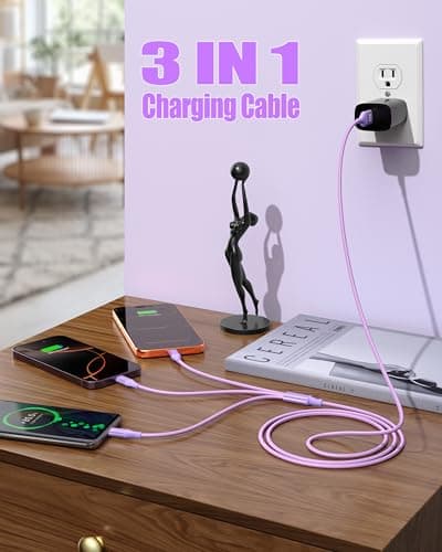 ShSiXin 3 in 1 Multi Charging Cable for Multiple Devices with USB-C/IP/Micro Port, iPhone Charger Cord, Travel Car Charger Cord for iPhone 17-8, Galaxy 25 Android iPad, 2 Pack 4FT - Purple - Thumbnail 3