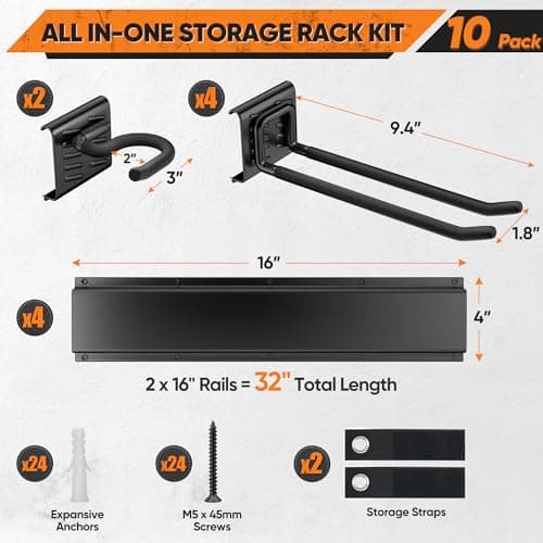 Garden Tool Organizer Wall Mount, 32 inches Tool Storage Rack with Adjustable Hooks, 600lbs Adjustable Heavy Duty Metal Hooks, Yard Shed Rack Holder System Hanging Rake Broom Mop Snowboard, Men Gift - Thumbnail 5