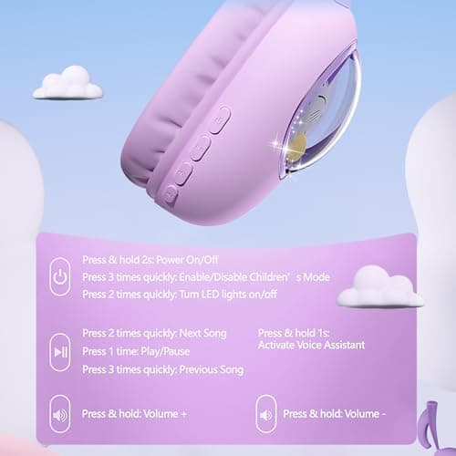 esonstyle Cat Ear Headphones for Kids - Bluetooth 5.4 On-Ear Noise Cancelling Headphones with Microphone 85dB Safe Volume Limit Wireless or 3.5mm Wired Mode USB C for School Learning Travel (Purple) - Thumbnail 6