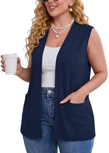 TIANZHU Sleeveless Sweater Tops for Women Plus Size Cardigan Sweaters Fashion Casual Top with Pockets, Navy Blue, 4XL - Image 1