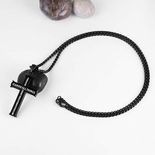 Rehoboth Stainless Steel Bible Verse Cross Pendant Necklaces for Men Women Philippians 4:13 Strength Bible Verse I CAN DO ALL THINGS 24 Chain Inch Black - Thumbnail 3