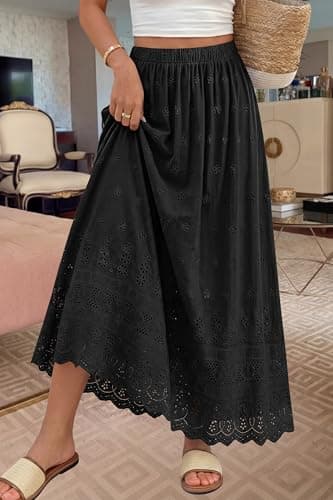 dowerme Women Summer Maxi Skirt Cute Elastic High Waist Boho Eyelet A-Line Cotton Flowy Long Skirts Spring Clothes 2026(Black,Medium) - Thumbnail 3