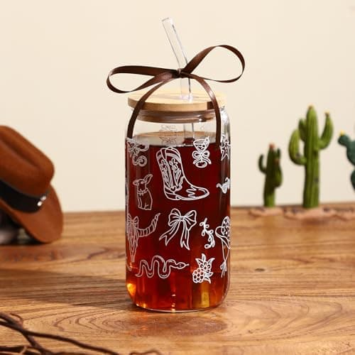 Celebloom Western Gifts for Women, Cute Glass Cup for Cowgirl, Western Cowgirl Stuff Iced Coffee Tumbler for Country Girl Gifts Christmas Birthday Mothers Day Gift for Friend 16oz - Thumbnail 4