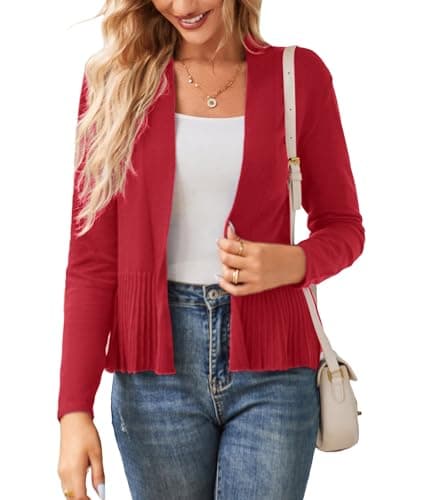 GRACE KARIN Women's Lightweight Peplum Cardigan Sweaters Open Front Cropped Cardigan Long Sleeve Trendy Summer Knit Tops Red L - Image 1