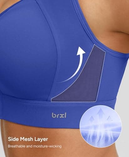 BRXL Front Zipper Sports Bras for Women Sewn in Pads Molded Cup Sports Bra Adjustable Straps Sport Bras Blue XL - Thumbnail 4