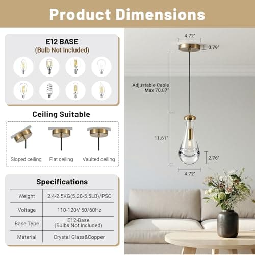 Fulfilment 13-72 Inch Adjustable Raindrop Pendant Light,Suitable for Kitchen Island, Living Room, Bedroom, Hallway... Modern, Crystal Glass, Brass, Light Size 4.72" x 11.61" - Thumbnail 4