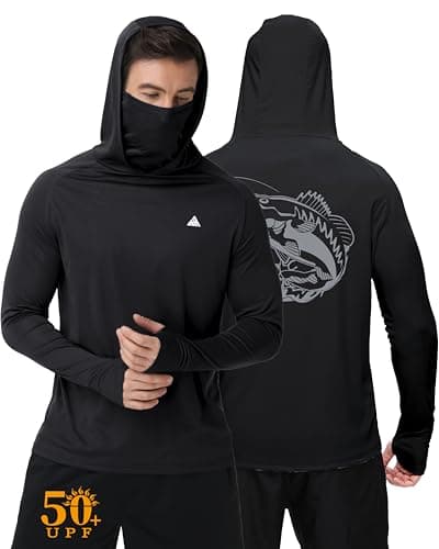 Fishing Shirts for Men with Hood UPF 50+ Sun Shirts Rash Guard Sun Hoodie Mens Long Sleeve UV Protection Shirt UV Shirt with Mask Black Large