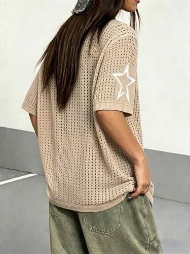 Jersey Shirts for Women Casual Number Graphic Tees Crochet Hollow Out T Shirt Y2k Short Sleeve Knit Tops Apricot - Thumbnail 5