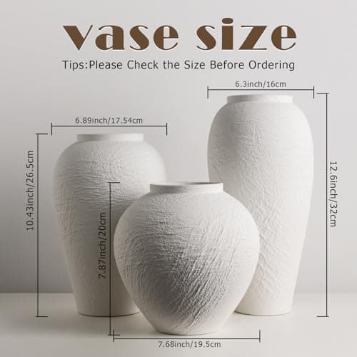 Vintage Ceramic Vase, Minimalist Texture Stone Patterned White Flower Vase, Decorative Vase for Living Room Shelf Farmhouse Dining Table Centerpiece Decor (White Texture 12.6'') - Thumbnail 2