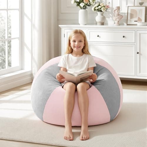 Homguava 2FT Bean Bag Chairs Teardrop BeanBag Chair Comfy Memory Foam Bean Bags for Teens Two-Tone Distressed Velvet &Corduroy Washable Cover for Living Room, Home (Corduroy, Light Grey/Pink)