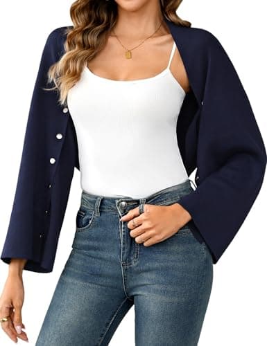 Totatuit Womens Cropped Cardigan Shrug 2-in-1 Convertible Bolero with Button Sleeves 80% Cotton Y2K Knit Wrap Shawl Navy Blue - Image 1