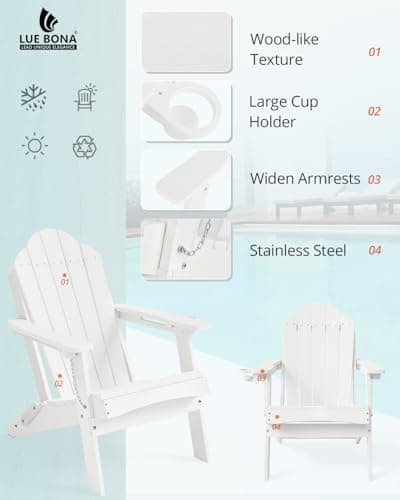 LUE BONA Folding Adirondack Chair, Chairs Set of 4, Cup Holder, Woodgrain, Fire Pit, Patio, Pool, White - Thumbnail 4
