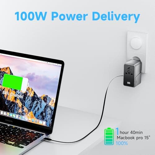 Minthouz Universal Travel Adapter, International 100W Power Adapter GaN Fast Charger with 2 USB-C PD, 1 USB-C Cable &A Ports, All-in-One Portable AC Power Plug Adapter for USA EU UK AUS - Thumbnail 6