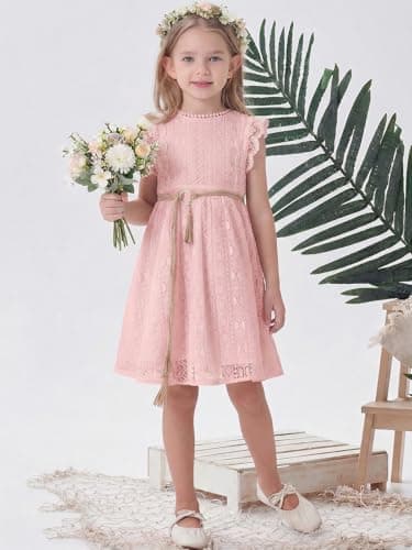 ALLOVIN Toddler and Girls Vintage Boho A-Line Lace Dress with Belt Pom Pom Trim Birthday Party Dress | Pink | 6-7Y - Thumbnail 3