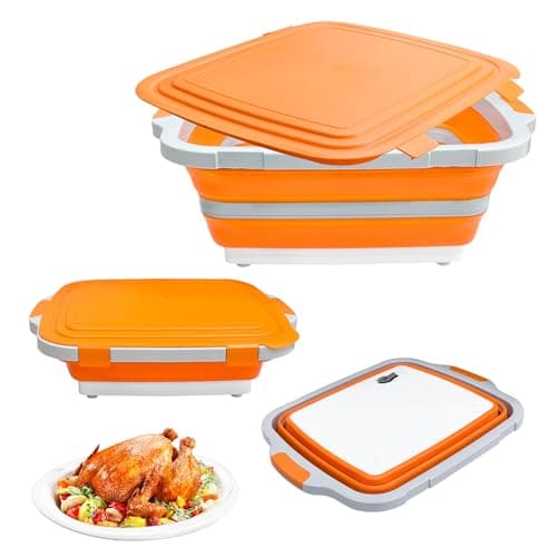 Collapsible BBQ Prep Tub with Cutting Board & Lid, Folding Food Container BPA-Free Heavy-Duty, Dishwasher Safe, Upgraded Drain Hole - for Camping, Grilling Outdoor Cooking (Orange, X-Large)