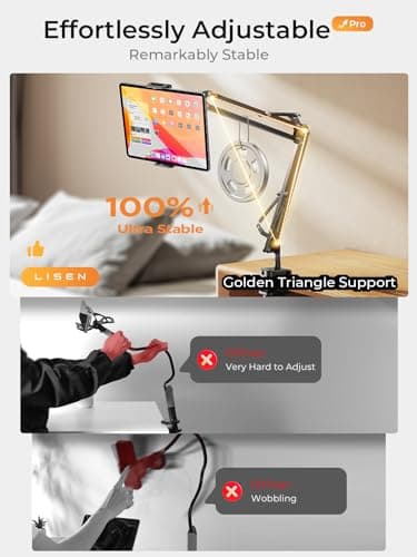 LISEN Tablet Stand iPad Stand for Desk Mount [Ultra Sturdy 2 Clamps] Kindle iPad Holder for Gooseneck Phone Tablet Holder Mount fits iPhone Kindle 4-13" Device Valenties Day Gifts for Women (Black) - Thumbnail 4