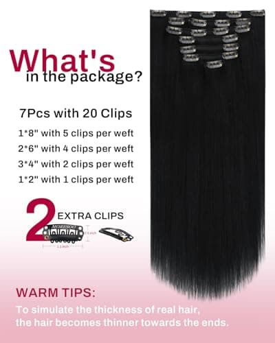 Moresoo Jet Black Clip in Hair Extensions Human Hair 20 inch Remy Straight Double Weft Clip in Human Hair Extensions for Women Jet Black #1 Full Head 7Pcs 120G - Thumbnail 3