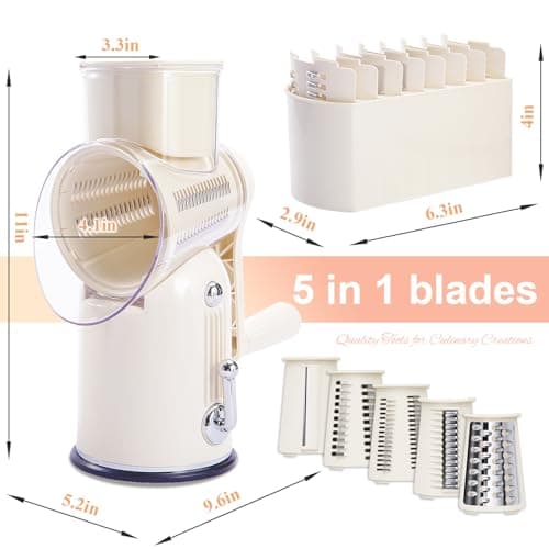 ENERGEVITY Manual Rotary Cheese Grater with Handle, 5 in 1 Replaceable Stainless Blades Cheese Shredder,Strong Suction Base Vegetable Slicer with Cleaning Brush & Bonus Storage Box for Blades (white) - Thumbnail 2