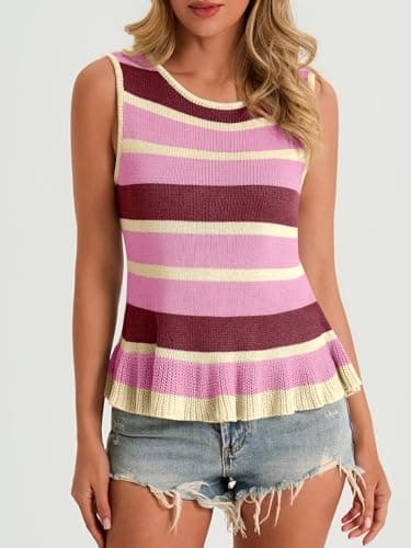 Cicy Bell Womens Striped Sweater Vest Summer Casual Sleeveless Ruffle Knit Tank Tops Crew Neck Lightweight Shirts Pink - Thumbnail 6