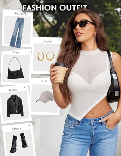 Avidlove Women Camisole Tops Sheer Mock Neck Tank See Through Summer Mesh Shirts Asymmetrical Top Clubwear White XX-Large - Thumbnail 5