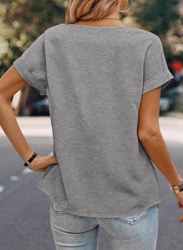 Dokotoo Short Sleeve T Shirts for Women 2026 Summer Fashion Casual Loose Going Out Tops for Women Solid Crewneck Pleated Basic Tee Shirts Cute Loose Fit Tunics Lightweight Tops and Blouses Gray Large - Thumbnail 4