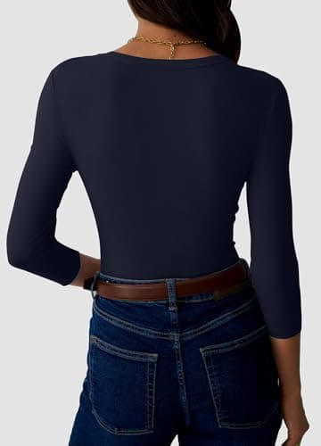 GKBK Womens 3/4 Sleeve Scoop Neck Tops Ribbed Knit Slim Fitted Casual Basic Tee Shirts 2026 Summer Fashion Trendy Work Casual T-Shirt Workout Outfits Thermal Undershirts Clothes Navy Blue S - Thumbnail 4