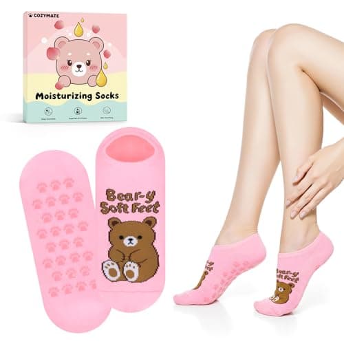 COZYMATE Moisturizing Socks for Women Funny Bear Gel Socks Infused with Vitamin E & JoJoba Oil for Dry Cracked Feet Overnight Spa Self Care Gifts (Pink, One Size)