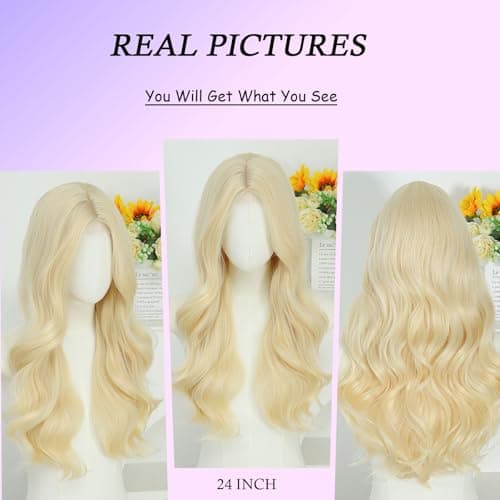 Barbique Blonde Synthetic Long Wavy Wig for Women, 613 Middle Part Lace Wig, Heat Resistant 24 Inch Glueless Wig for Everyday Use - Thumbnail 5