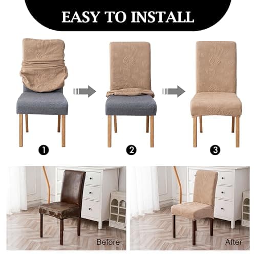 Genina Waterproof Dining Chair Covers Set of 4,Stretch Dining Room Chair Slipcovers with Leaf Jacquard,Removable Kitchen Chair Protector for Home,Restaurant,Banquet-Khaki - Thumbnail 6