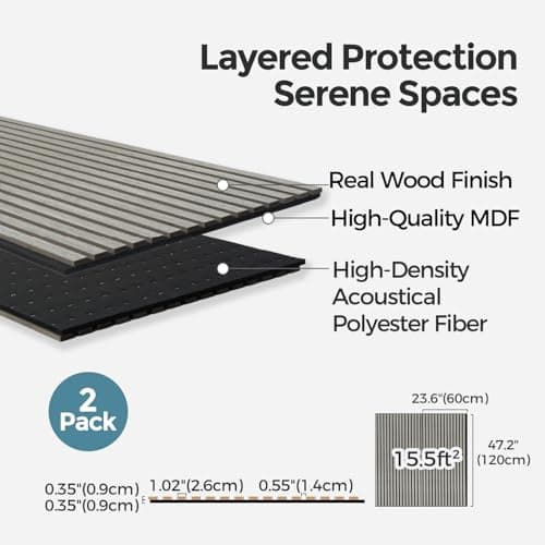 AKUMAX Acoustic Wall Panels for Bedroom Living Room, 2 Pack Wood Panel for Wall, 31 ft² Real Wood Veneer Extra Thick 3D Slat Wall Panels 47.2 x 23.6, Decorative Sound Absorbing Panels(Grey Oak) - Thumbnail 5