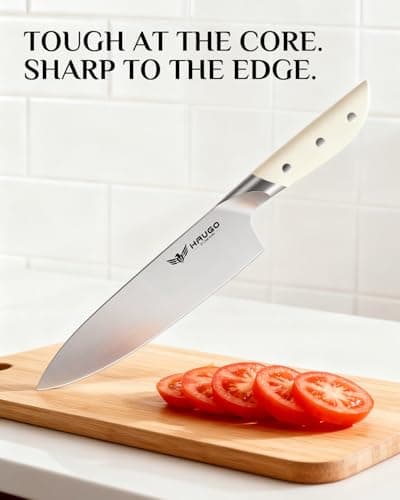 Haugo Kitchen Knife Set with Block: 14-Piece German Stainless Steel Full Tang Professional Knife - Comfortable Grip Reduces Hand Fatigue 30% - Dishwasher Safe & Sharpener - White Knife Set for Cooking - Thumbnail 4