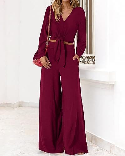 PRETTYGARDEN Women's 2 Piece Outfits 2026 Spring Fashion V Neck Long Sleeve Strappy Crop Top Wide Leg Pant Lounge Sets(Wine Red,X-Large) - Thumbnail 3