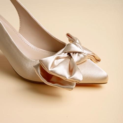 RUSAUISE Nude Heels Slingback Heels with Bow Satin Dressy Pointed Toe Pumps 2 Inch Kitten Heel Work Shoes for Office Business Ballroom Evening Size 7.5 - Thumbnail 3