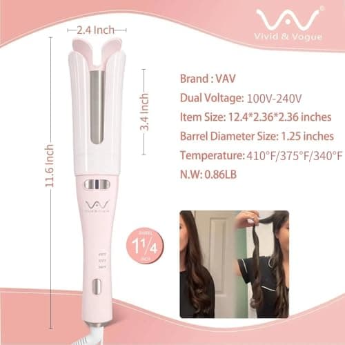 VAV Automatic Curling Iron 1.25” Rotating Hair Curler for Long/Medium Hair,Large Barrel Curling Wand with Dual Voltage,3 Heat Settings,Auto Shut-Off(Beginner Friendly) - Thumbnail 3