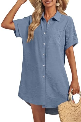 GKBK Women Swimsuit Coverup Shirt Dress Button Down Bathing Suit Cover Up Beachwear Gray Blue L - Image 1