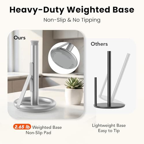 Ultrean Paper Towel Holder Countertop, Freestanding Paper Towel Dispenser with Spring-Loaded Arm for One-Handed Tear, Weighted Non-Slip Base, Stainless Steel for Kitchen - Thumbnail 2
