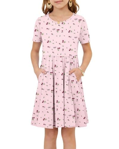 Girls Floral Mini Summer Dress Short Sleeve Crew Neck Casual Cute Sundress for Toddler Little Kids with Pockets for 5-14 Years Pink Purple Bract S - Image 1
