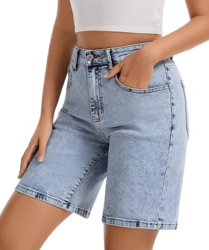 VIPONES Bermuda Jorts for Women High Waisted Denim Shorts Pocket Long Stretch Baggy Jean Shorts Relaxed Fit Blue Summer Shorts for Women 2026(5812, M) - Thumbnail 2