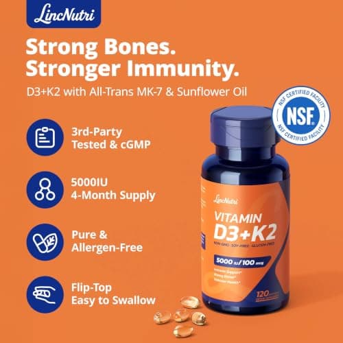 LincNutri Vitamin D3 K2 5000IU, MK-7 100mcg - Third Party Tested, 120 Softgels, Non-GMO, Keto - Easy to Swallow for Bone & Heart Health - Gluten, Soy, Dairy & Egg Free, 4-Month Supply - Thumbnail 4