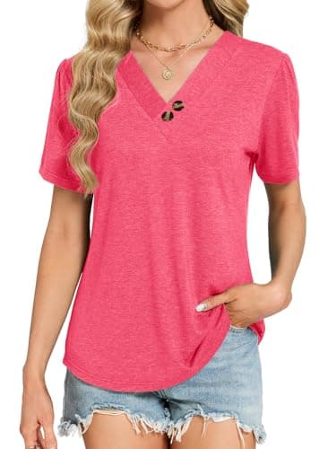 VUTRU Womens Short Sleeve Tops Summer Blouse V Neck Shirts Henley Tunic Loose Flowy Work Casual Plus Size Clothes, Heather Pink M - Thumbnail 2