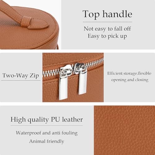 IEMIEBOAMGNOY Leather Make Up Bags With Compartments, Brown travel Cosmetic Bags for Women, Parallel Makeup Travel Bags Organizer Equipped With a Detachable Divider - Thumbnail 5