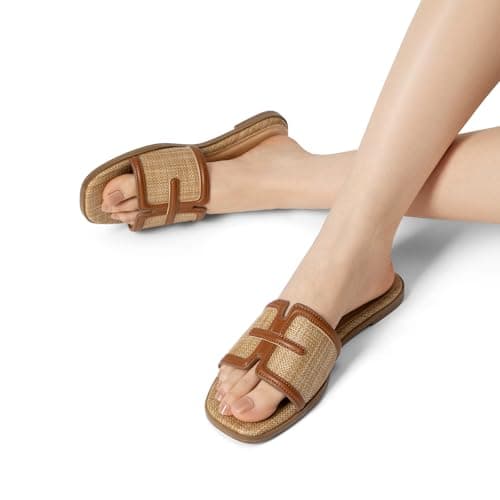 Athlefit Brown Flat Sandals for Women Raffia Comfortable Square Open Toe Slip On Beach Casual Slide Sandals Size 6.5 - Thumbnail 2