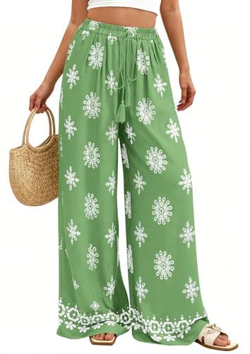 PRETTYGARDEN Women's Wide Leg Palazzo Pants 2026 Summer Boho Floral Trousers Spring Flowy Beach Vacation Clothes Resort Wear (Light Green,Medium) - Image 1