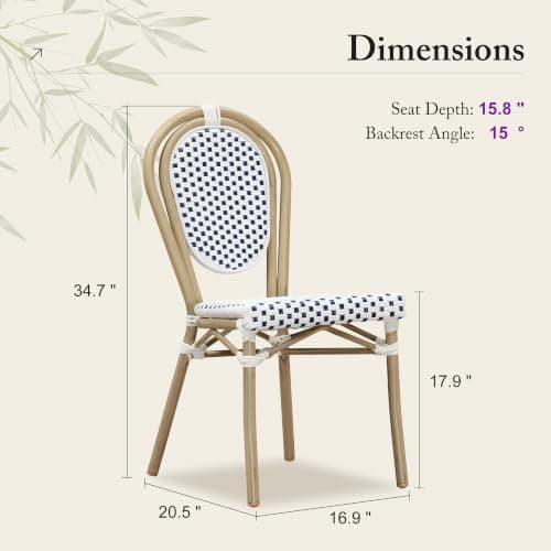 PURPLE LEAF Patio Dining Chair Set of 2 Outdoor French Aluminium Frame in Champagne Finish with Sky Blue & White Woven Rattan for Indoor Kitchen Deck Bistros Cafe Restaurant - Thumbnail 2