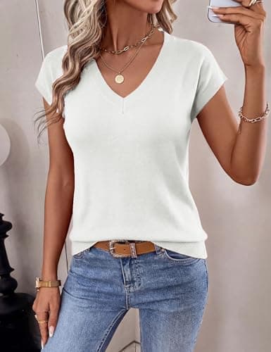 LaGracia Womens Short Sleeve Sweater Wool Blend Cashmere V Neck Cropped Sweaters Lightweight Business Casual Sweater Tops Basic Summer Outfits Cream White XL - Thumbnail 2