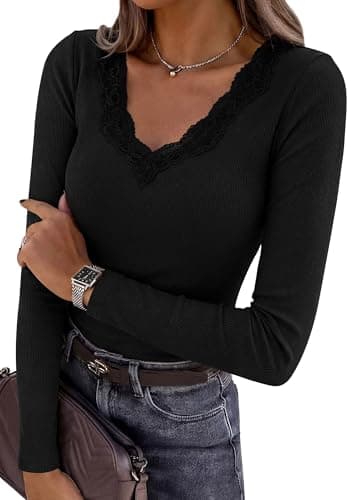 PRETTYGARDEN Womens Long Sleeve V Neck Fitted Shirts (Black,Large) - Image 1