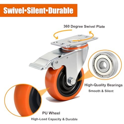TESUMI Caster Wheels 4" Inch Heavy Duty Casters Set of 4 with Brake 2200lbs Capacity Swivel Plate Industrial PU Wheel Locking Casters Quiet No Scratch for Cart, Furniture, Cabinet, Workbench - Thumbnail 4