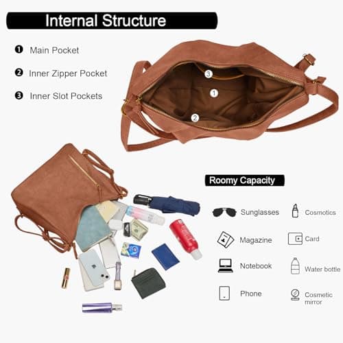 Women Hobo Bag Faux Leather Tote Handbags, Brown - Thumbnail 5