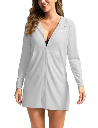 Women's UPF 50+ Swim Cover Up Sun Protection Hoodie Long Jacket SPF Lightweight Beach Cover Ups for Women(Light Grey,M) - Image 1
